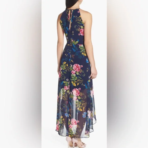 NWT Eliza J Navy Floral Print Chiffon High/Low Halter Midi Dress - Picture 2 of 14